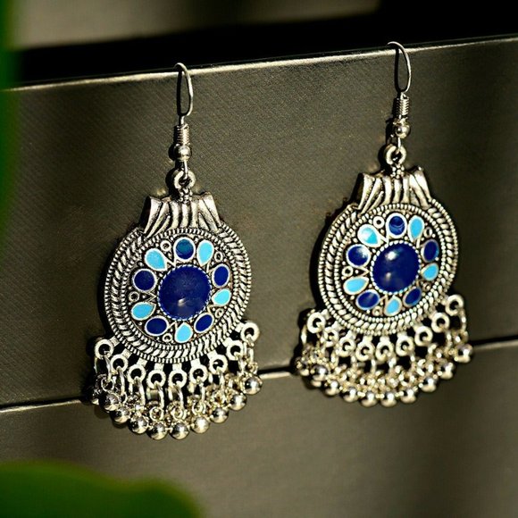 Boho Earrings Silver & Blue Enamel Pierced Dangles 2 3/4" with Tassels NWT M426 - Picture 2 of 4